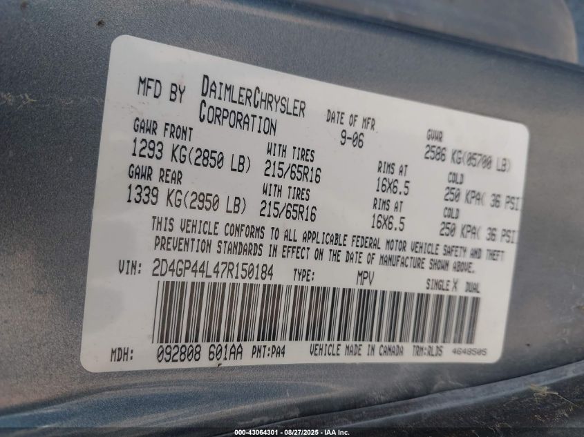 2007 Dodge Grand Caravan Sxt VIN: 2D4GP44L47R150184 Lot: 43064301