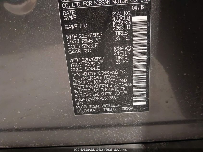 2019 Nissan Rogue Sv VIN: KNMAT2MV7KP550383 Lot: 43064343