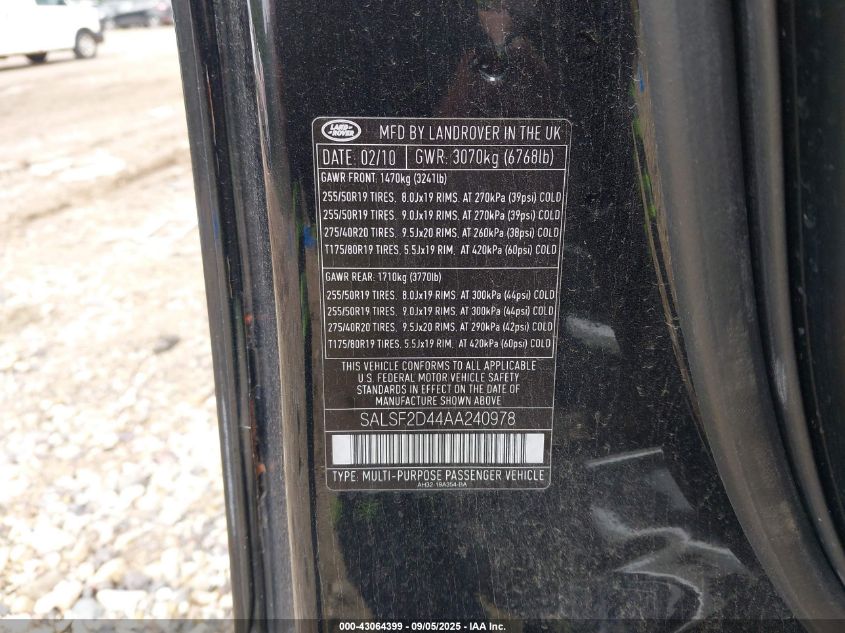 2010 Land Rover Range Rover Sport Hse VIN: SALSF2D44AA240978 Lot: 43064399