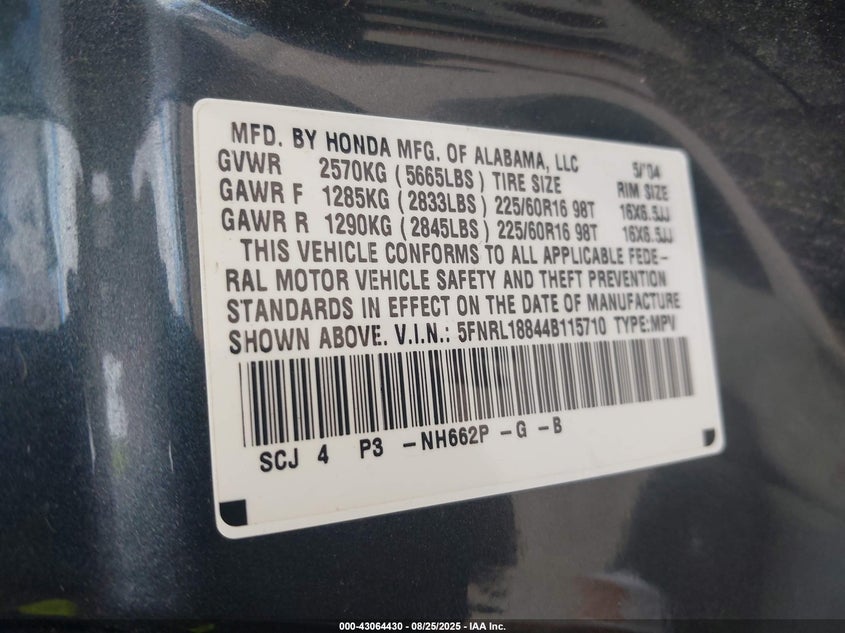 2004 Honda Odyssey Ex VIN: 5FNRL18844B115710 Lot: 43064430