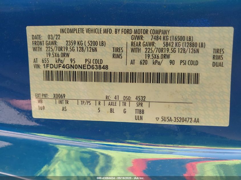 2022 Ford F-450 Chassis Xl VIN: 1FDUF4GN0NED63848 Lot: 43064434