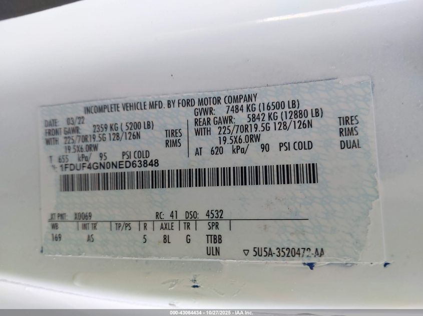 2022 Ford F-450 Chassis Xl VIN: 1FDUF4GN0NED63848 Lot: 43064434