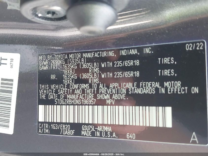 2022 Toyota Highlander Xle VIN: 5TDGZRBH0NS196957 Lot: 43064464