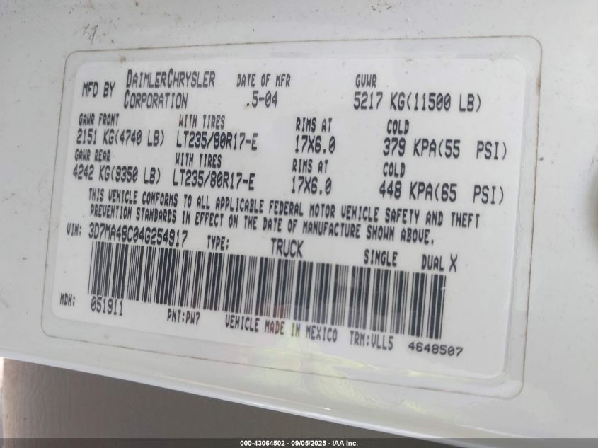 2004 Dodge Ram 3500 Slt/Laramie/St VIN: 3D7MA48C04G254971 Lot: 43064502