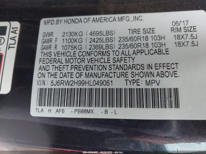 2017 Honda Cr-V Touring VIN: 5J6RW2H99HL049061 Lot: 43064567