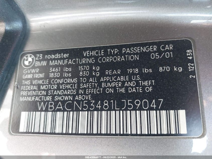 2001 BMW Z3 3.0I VIN: WBACN53481LJ59047 Lot: 43064577