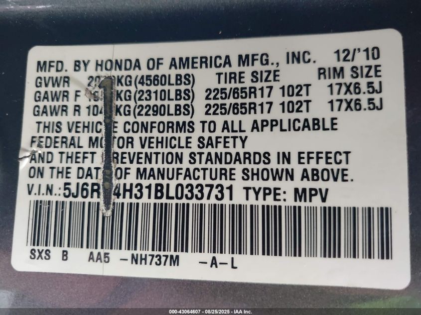 2011 Honda Cr-V Lx VIN: 5J6RE4H31BL033731 Lot: 43064607