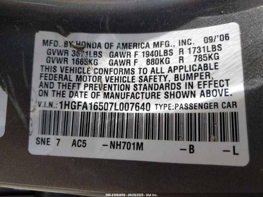 2007 Honda Civic Lx VIN: 1HGFA16507L007640 Lot: 43064656