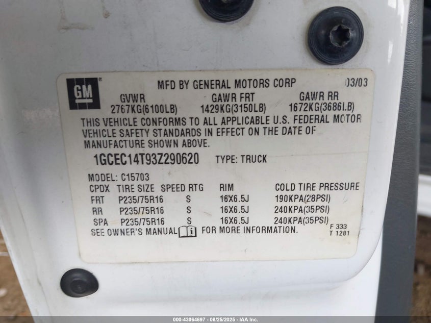 2003 Chevrolet Silverado 1500 VIN: 1GCEC14T93Z290620 Lot: 43064697