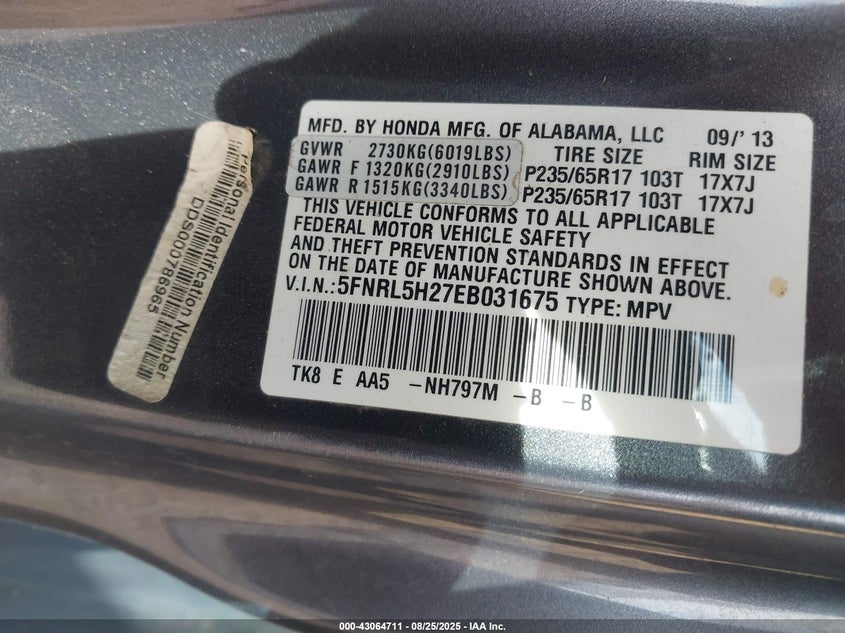 2014 Honda Odyssey Lx VIN: 5FNRL5H27EB031675 Lot: 43064711