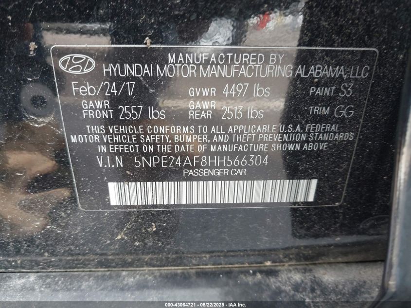 2017 Hyundai Sonata VIN: 5NPE24AF8HH566304 Lot: 43064721