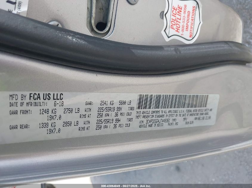 2018 Dodge Journey Crossroad Awd VIN: 3C4PDDGG4JT449361 Lot: 43064849