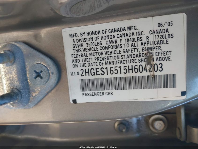 2005 Honda Civic Lx VIN: 2HGES16515H604203 Lot: 43064884