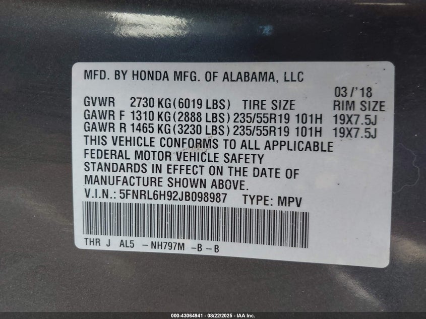 2018 Honda Odyssey Elite VIN: 5FNRL6H92JB098987 Lot: 43064941