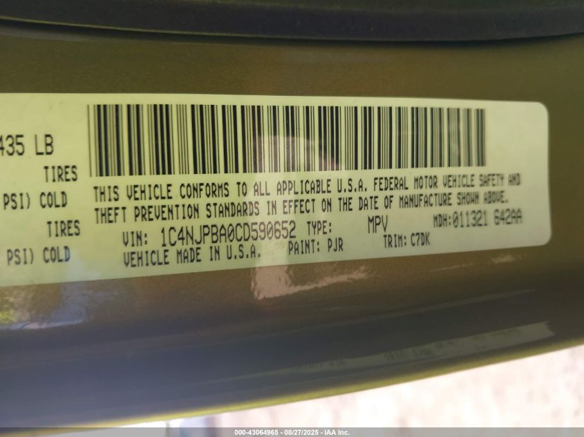 2012 Jeep Patriot Sport VIN: 1C4NJPBA0CD590652 Lot: 43064965