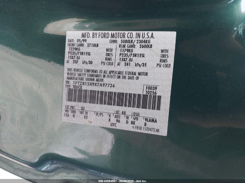 1999 Ford Ranger Xlt VIN: 1FTZR15X9XTA97734 Lot: 43064987