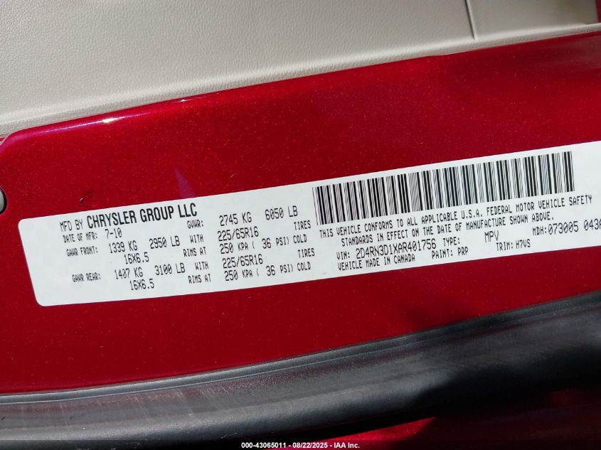 2010 Dodge Grand Caravan Hero VIN: 2D4RN3D1XAR401756 Lot: 43065011