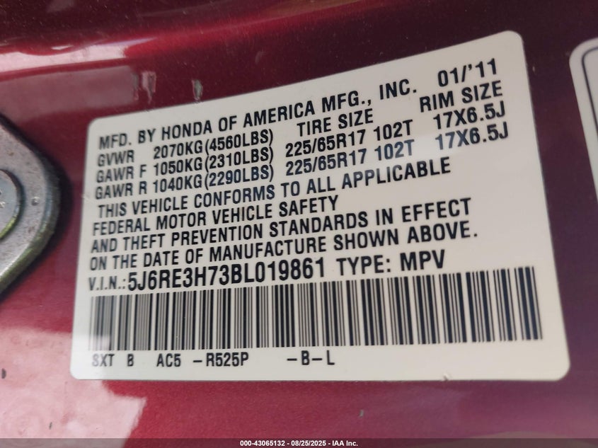 2011 Honda Cr-V Ex-L VIN: 5J6RE3H73BL019861 Lot: 43065132