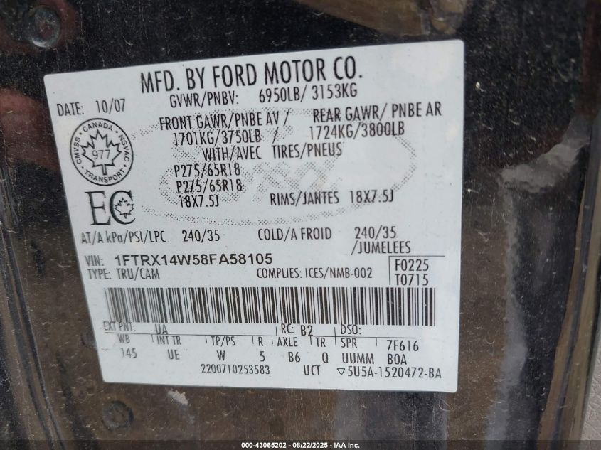2008 Ford F-150 Stx/Xl/Xlt VIN: 1FTRX14W58FA58105 Lot: 43065202