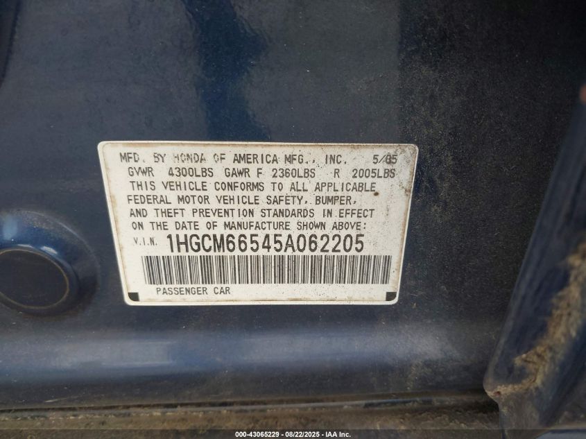 2005 Honda Accord 3.0 Ex VIN: 1HGCM66545A062205 Lot: 43065229