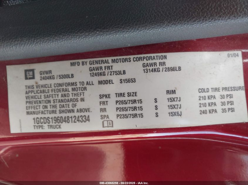 2004 Chevrolet Colorado Ls VIN: 1GCDS196048124334 Lot: 43065256