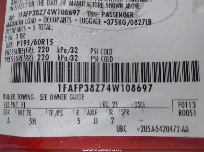 2004 Ford Focus Zts VIN: 1FAFP38Z74W108697 Lot: 43065315