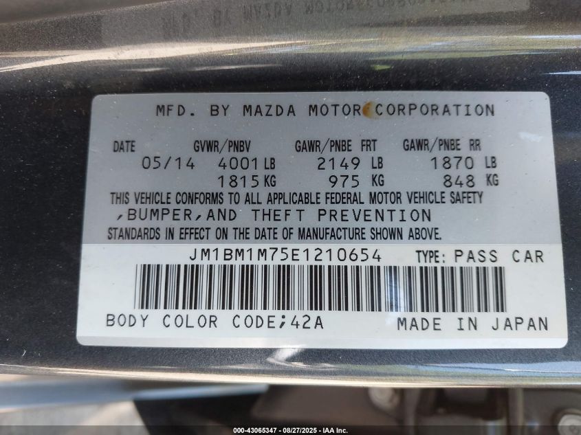 2014 Mazda Mazda3 I Grand Touring VIN: JM1BM1M75E1210654 Lot: 43065347
