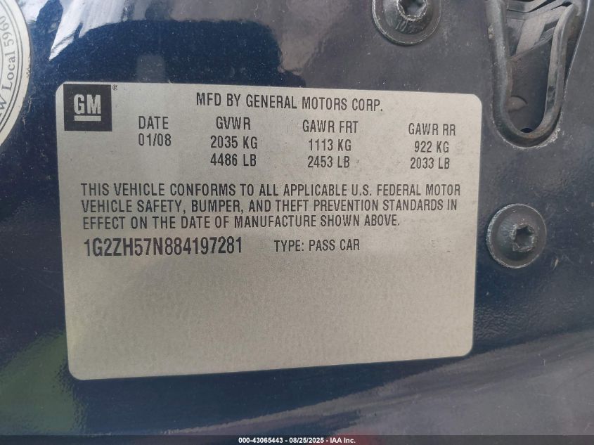 2008 Pontiac G6 Gt VIN: 1G2ZH57N884197281 Lot: 43065443