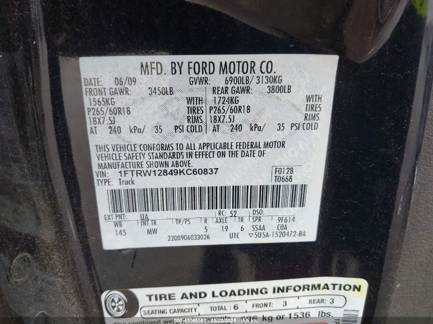 2009 Ford F-150 Xl/Xlt VIN: 1FTRW12849KC60837 Lot: 43065561