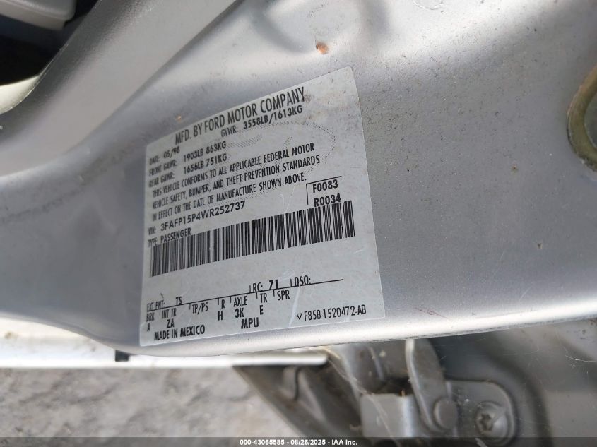 1998 Ford Escort Se VIN: 3FAFP15P4WR252737 Lot: 43065585