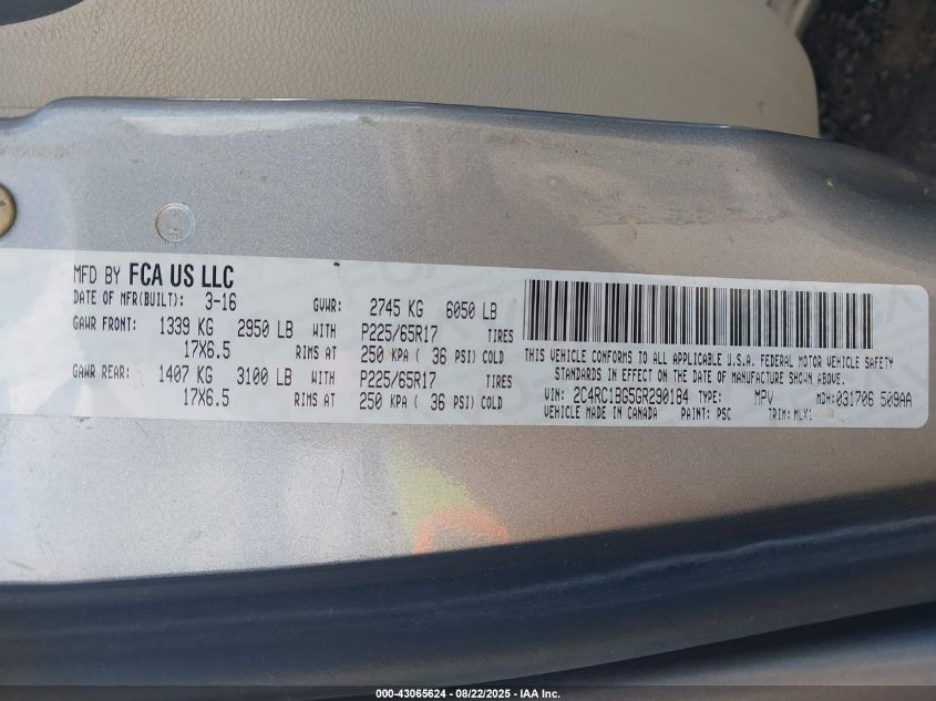 2016 Chrysler Town & Country Touring VIN: 2C4RC1BG5GR290184 Lot: 43065624