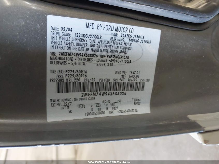 2004 Mercury Grand Marquis Gs VIN: 2MEFM74W94X688026 Lot: 43065671