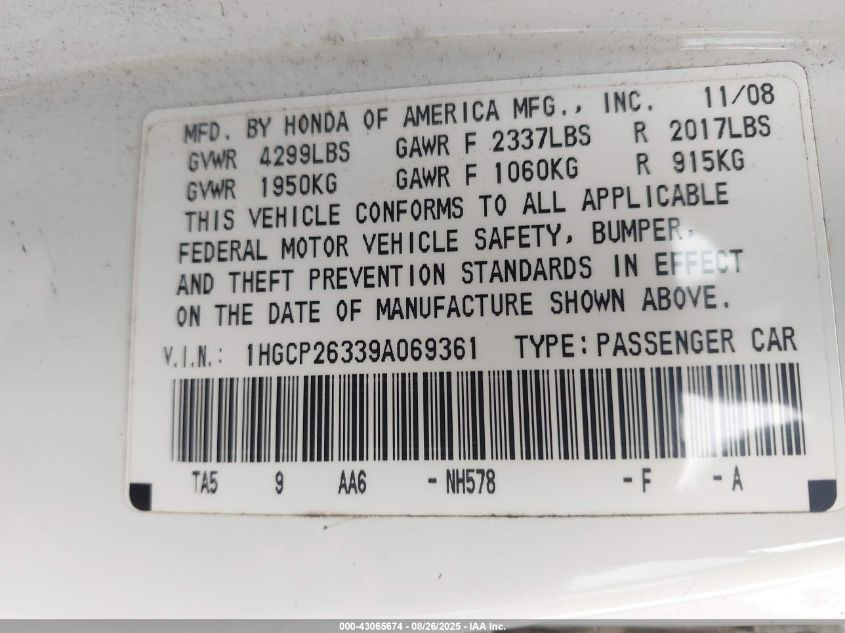 2009 Honda Accord 2.4 Lx VIN: 1HGCP26339A069361 Lot: 43065674