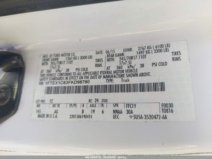 2015 Ford F-150 Xl VIN: 1FTEX1C83FKD98780 Lot: 43065720