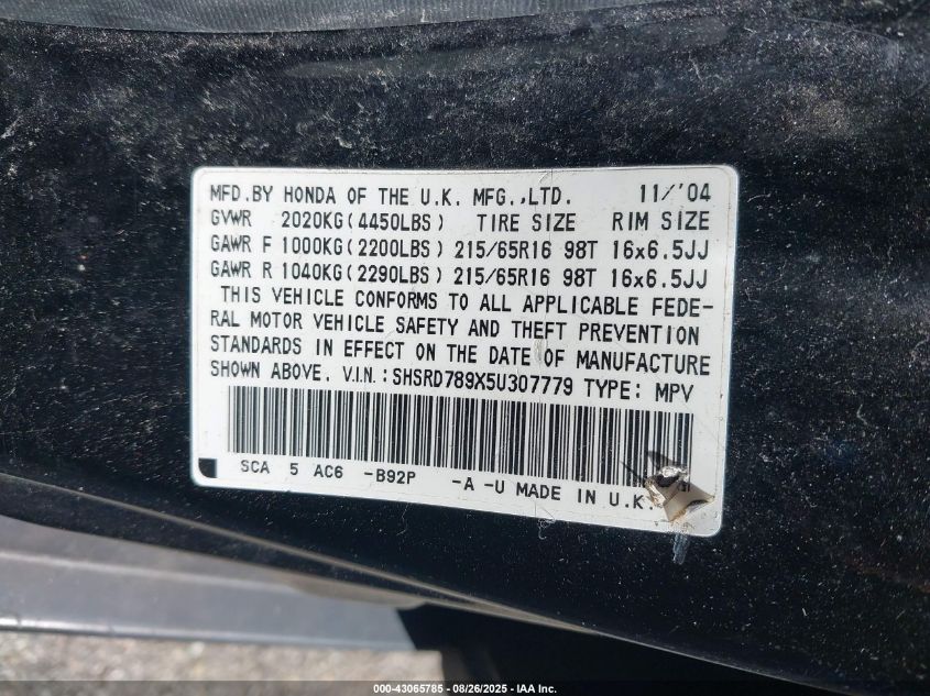 2005 Honda Cr-V Se VIN: SHSRD789X5U307779 Lot: 43065785