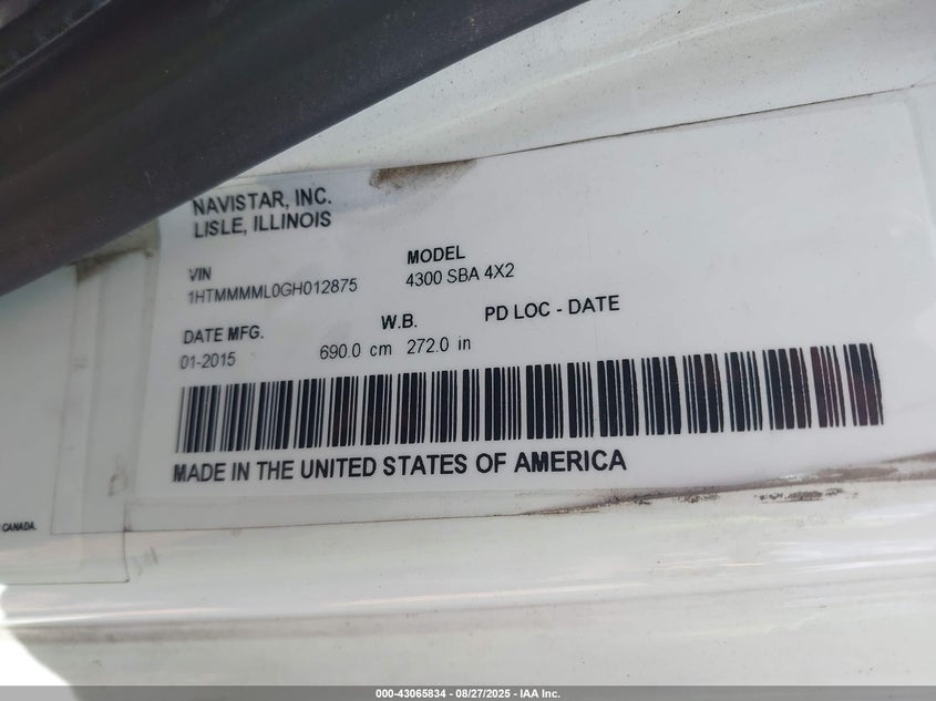 2016 International 4000 4300 VIN: 1HTMMMML0GH012875 Lot: 43065834