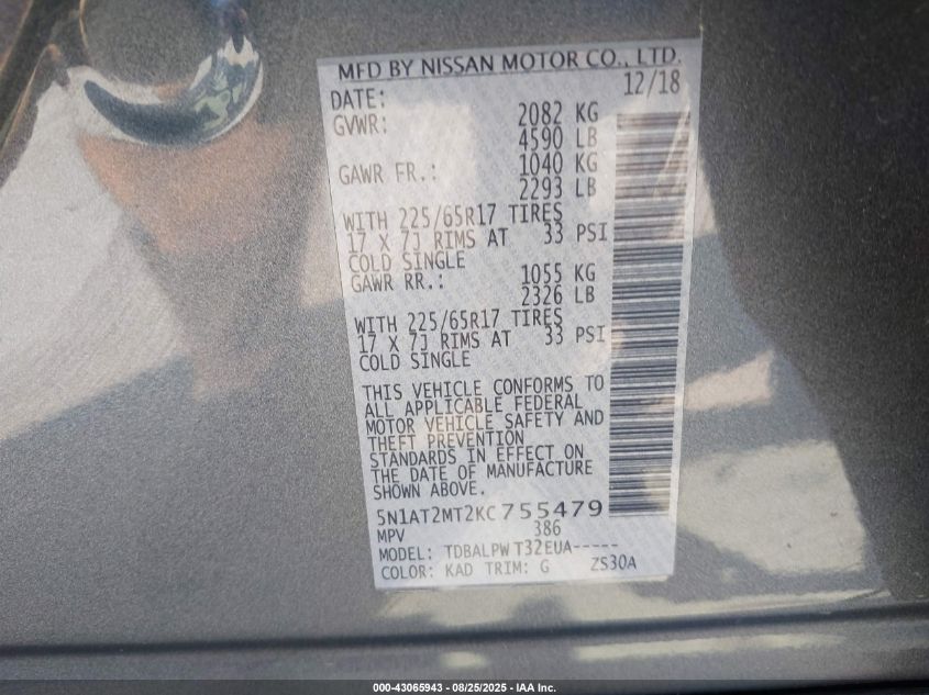 2019 Nissan Rogue S VIN: 5N1AT2MT2KC755479 Lot: 43065943