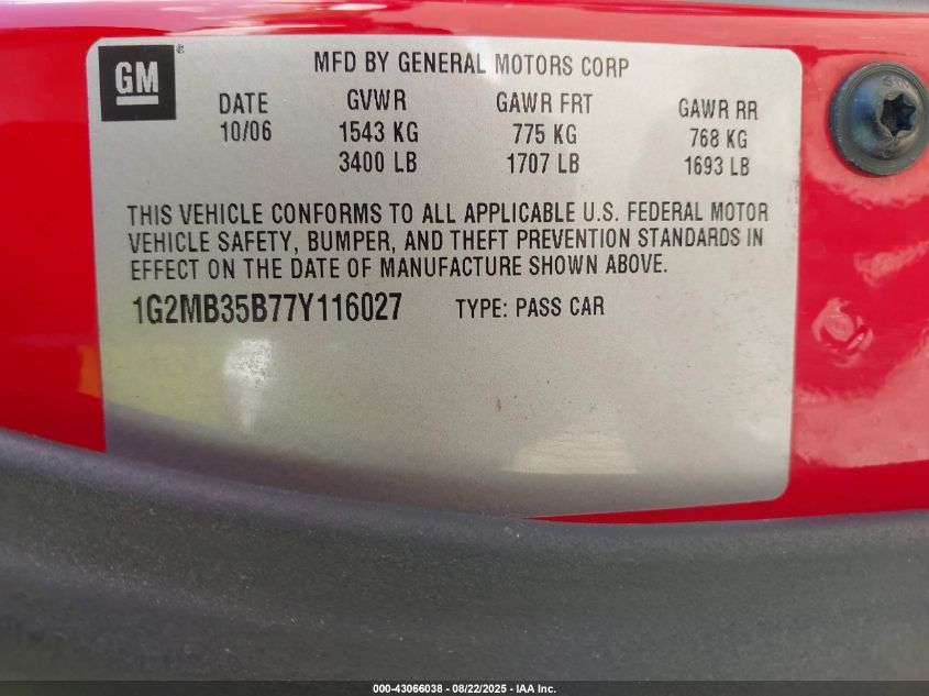 2007 Pontiac Solstice VIN: 1G2MB35B77Y116027 Lot: 43066038