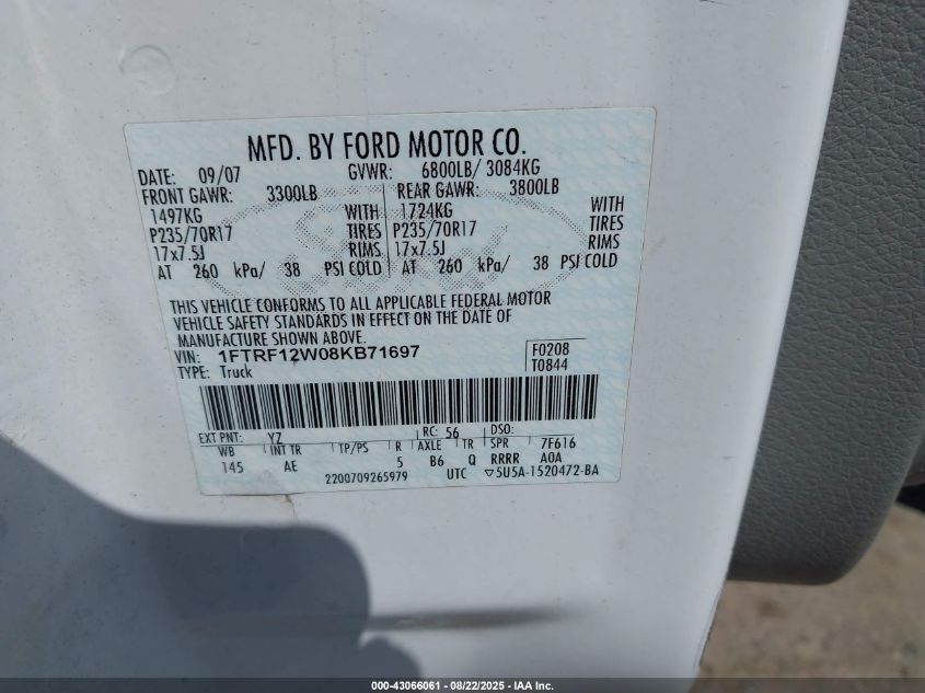 2008 Ford F-150 Fx2/Stx/Xl/Xlt VIN: 1FTRF12W08KB71697 Lot: 43066061