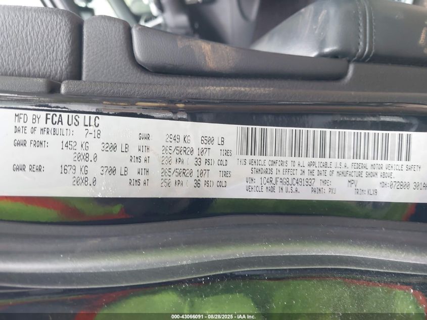 2018 Jeep Grand Cherokee Altitude 4X4 VIN: 1C4RJFAG8JC491937 Lot: 43066091