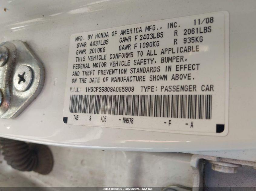 2009 Honda Accord 2.4 Ex-L VIN: 1HGCP26809A065909 Lot: 43066095