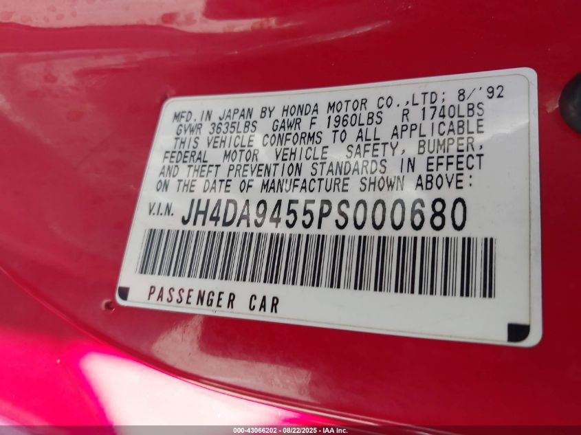 1993 Acura Integra Ls VIN: JH4DA9455PS000680 Lot: 43066202
