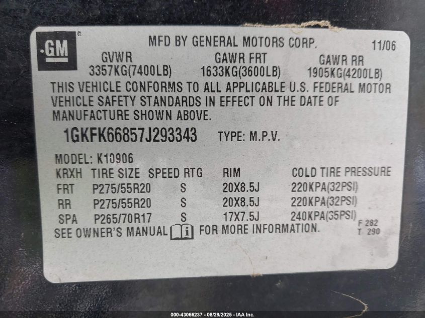 2007 GMC Yukon Xl 1500 Denali VIN: 1GKFK66857J293343 Lot: 43066237