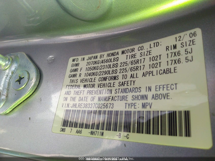 2007 Honda Cr-V Lx VIN: JHLRE38337C025673 Lot: 43066320
