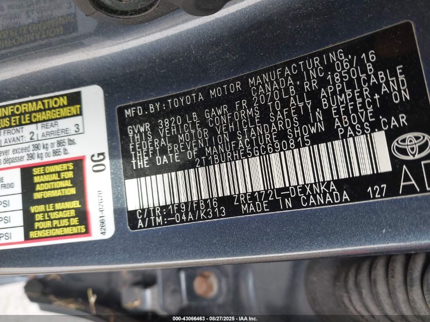 2016 TOYOTA COROLLA LE 2T1BURHE5GC690815