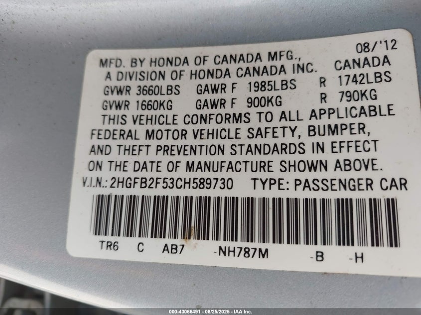 2012 Honda Civic Lx VIN: 2HGFB2F53CH589730 Lot: 43066491