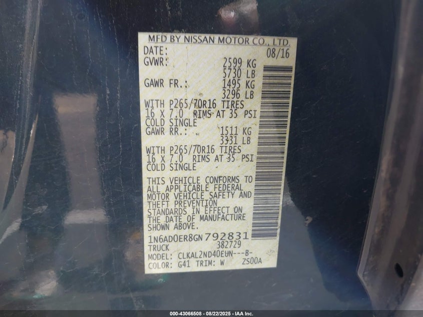 2016 NISSAN FRONTIER SV - 1N6AD0ER8GN792831
