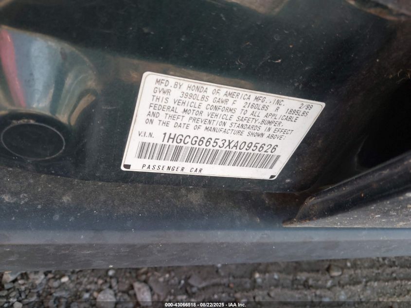 1999 Honda Accord Lx VIN: 1HGCG6653XA095626 Lot: 43066518