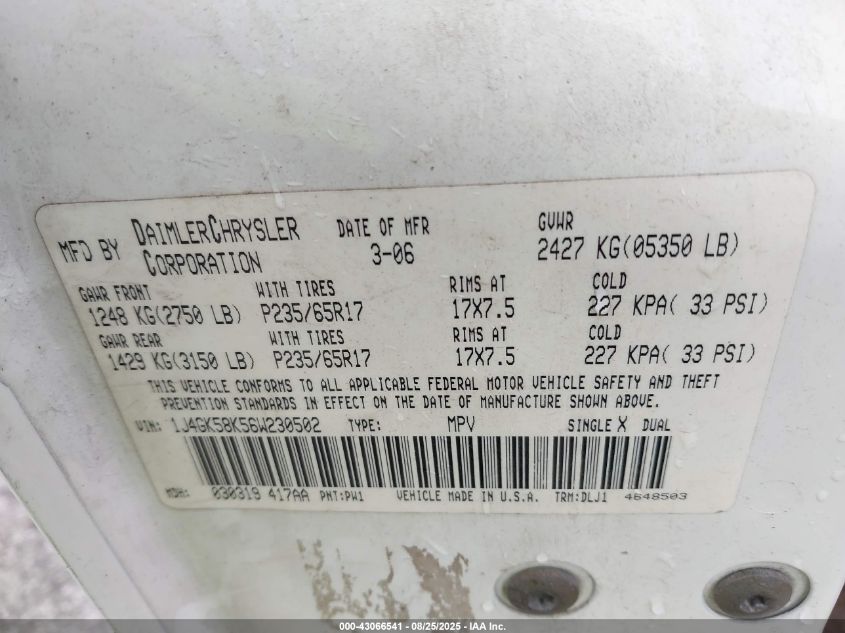 2006 Jeep Liberty Limited Edition VIN: 1J4GK58K56W230502 Lot: 43066541