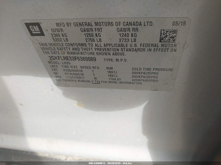 2015 GMC Terrain Sle-2 VIN: 2GKFLRE33F6380089 Lot: 43066612